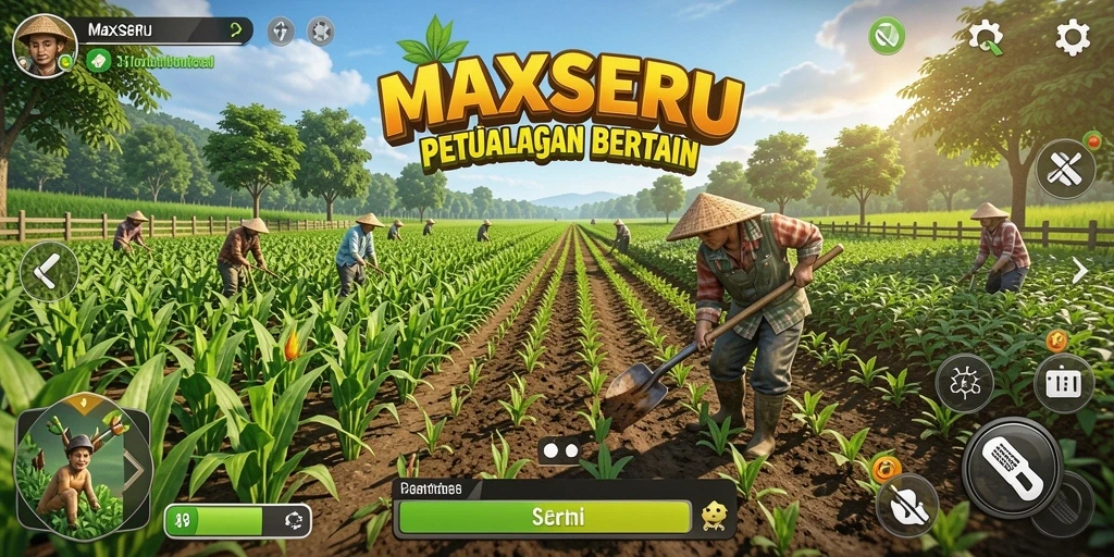 Tampilan antarmuka utama MAXSERU dengan fungsi pertanian yang menarik.