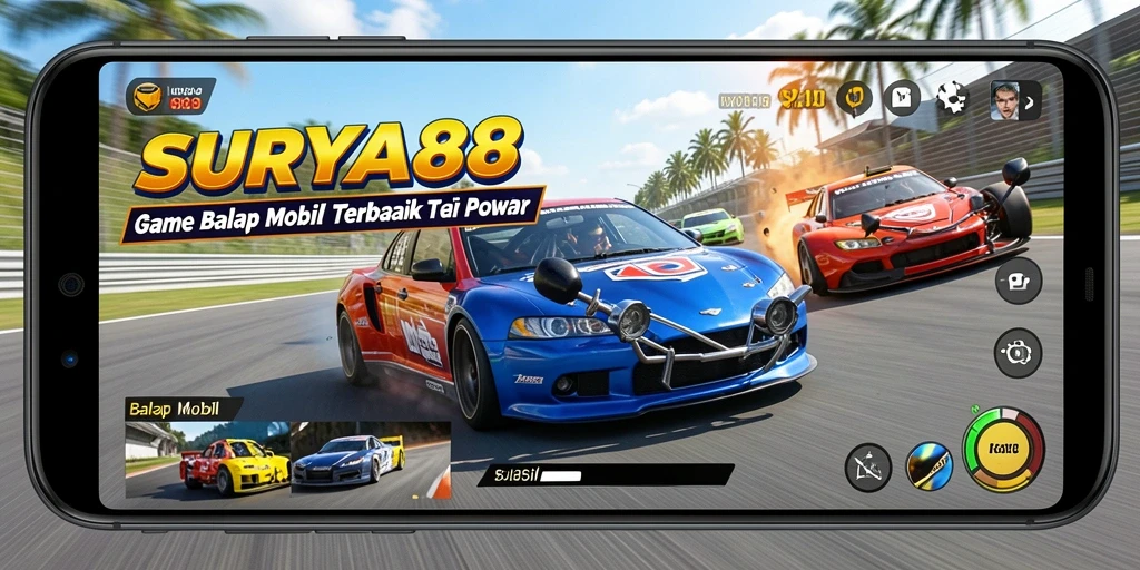 Antarmuka SURYA88 yang menampilkan mobil balap dan lintasan.